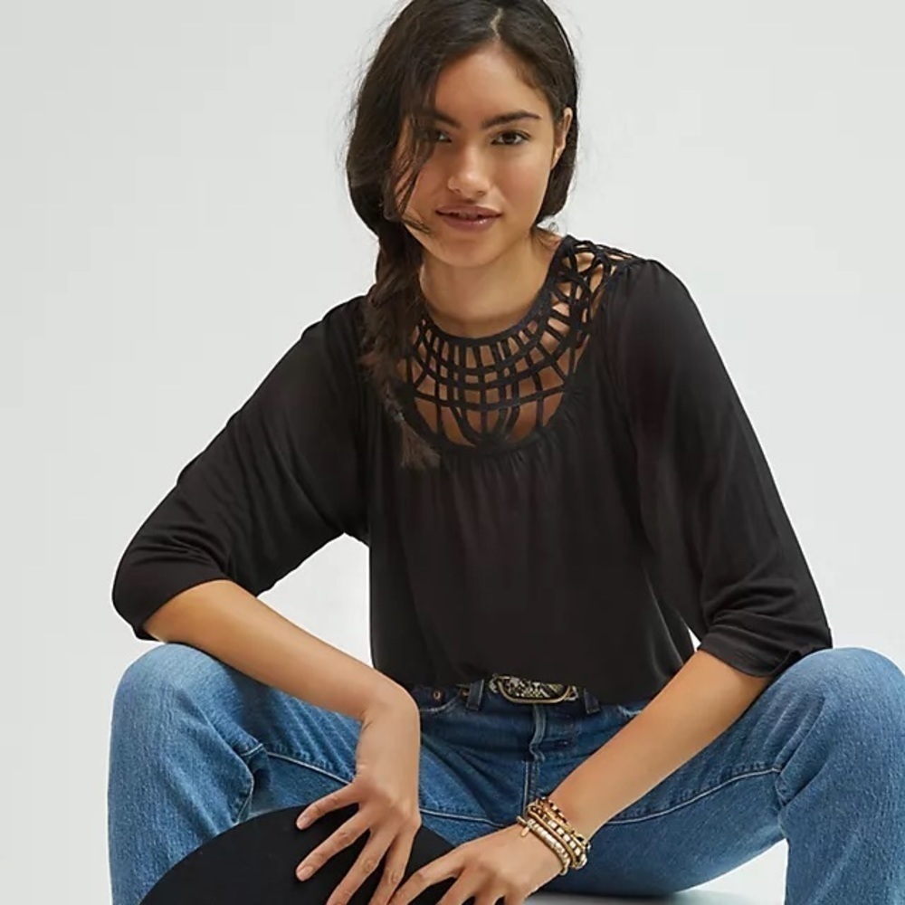 Anthropologie Black Embroidered Lace Bib Top Size XS